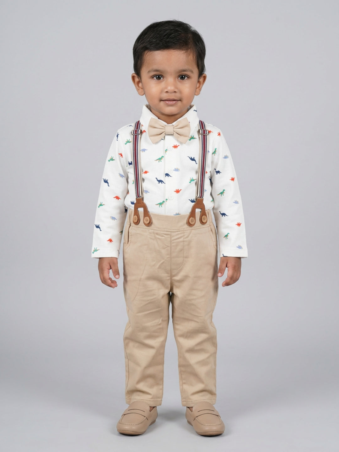 Biglilpeople Infant Boys White Base Printed Shirt with Classic Bow Tie & Beige Pant with Suspenders