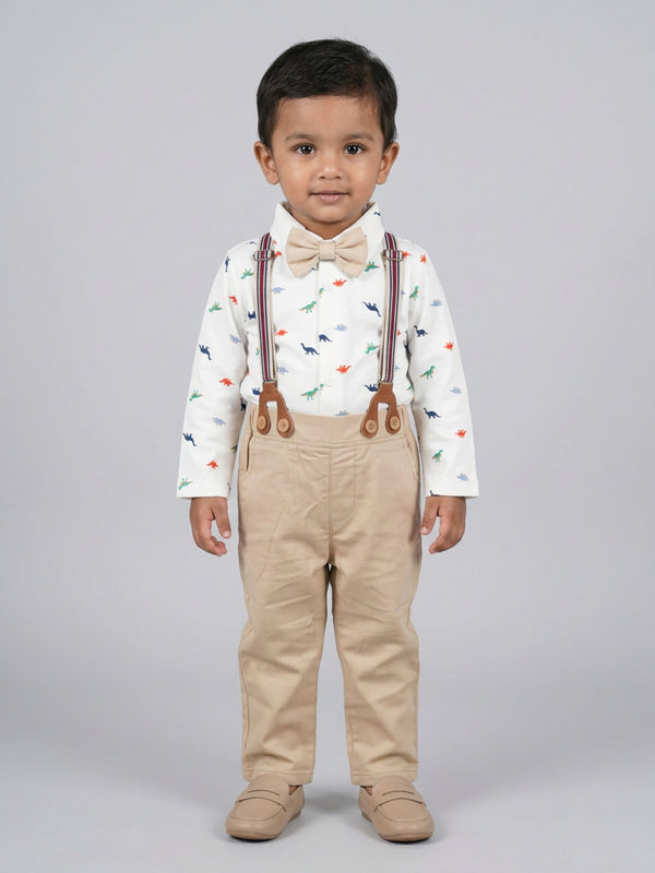 Biglilpeople Infant Boys White Base Printed Shirt with Classic Bow Tie & Beige Pant with Suspenders