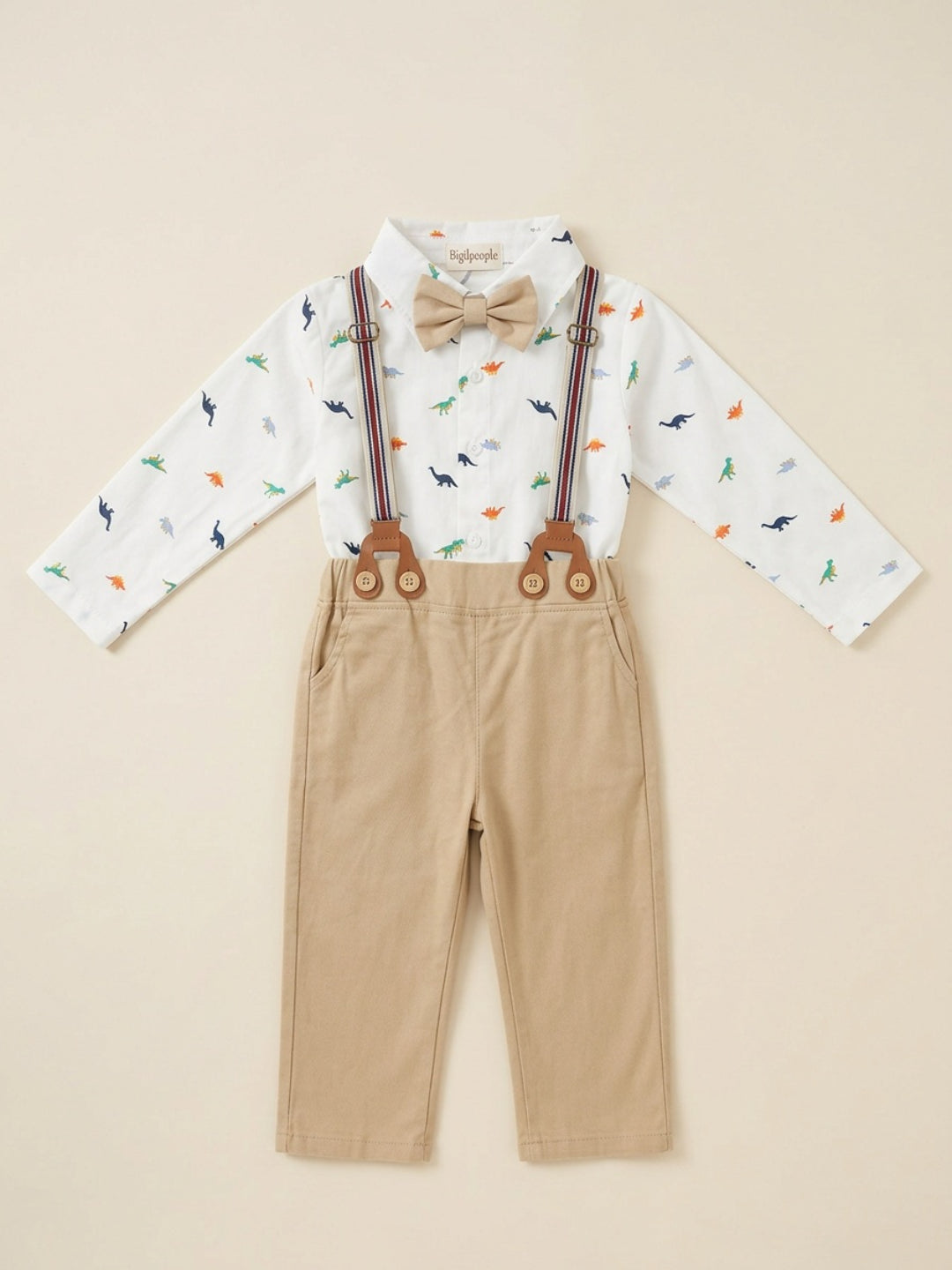 Biglilpeople Infant Boys White Base Printed Shirt with Classic Bow Tie & Beige Pant with Suspenders