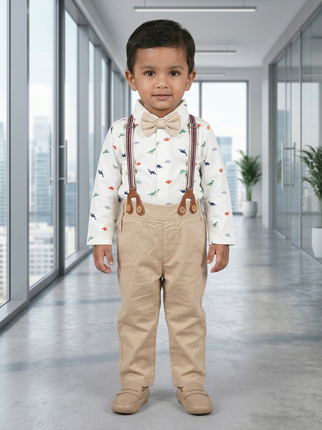 Biglilpeople Infant Boys White Base Printed Shirt with Classic Bow Tie & Beige Pant with Suspenders