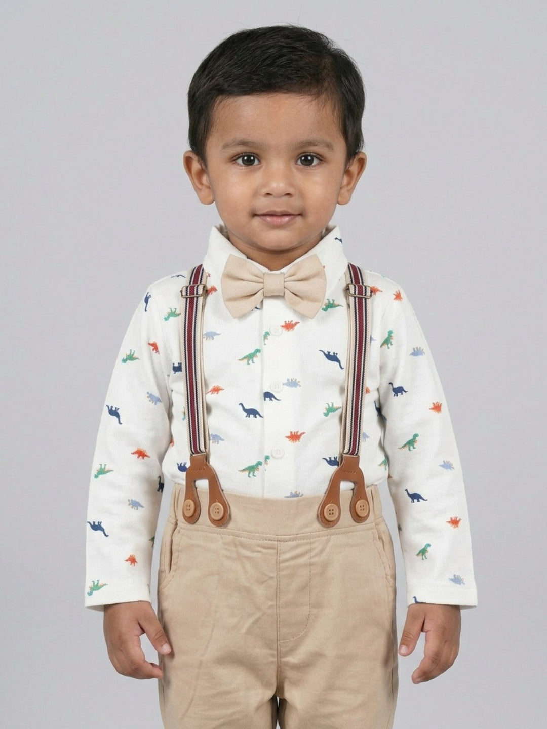 Biglilpeople Infant Boys White Base Printed Shirt with Classic Bow Tie & Beige Pant with Suspenders
