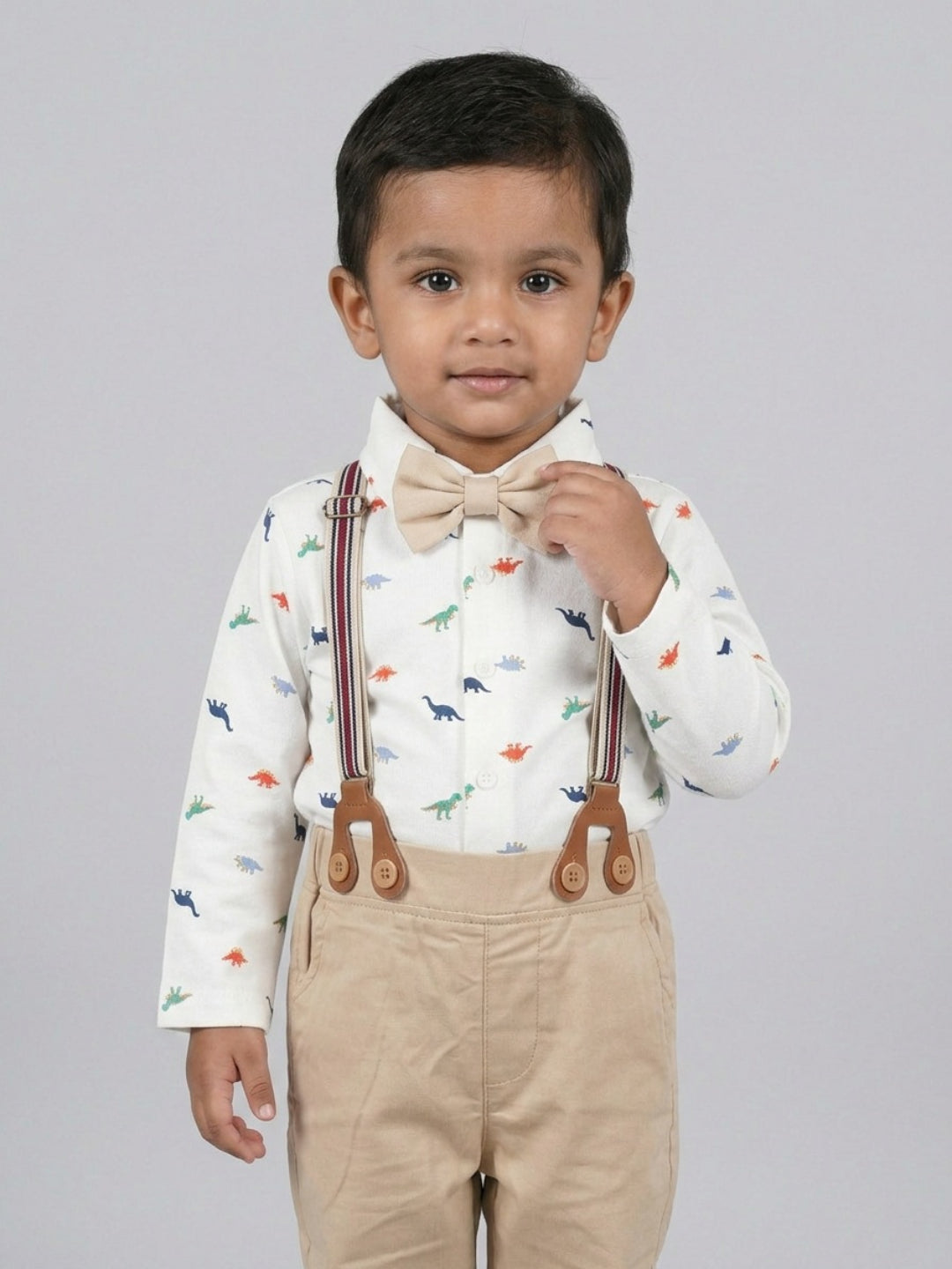 Biglilpeople Infant Boys White Base Printed Shirt with Classic Bow Tie & Beige Pant with Suspenders