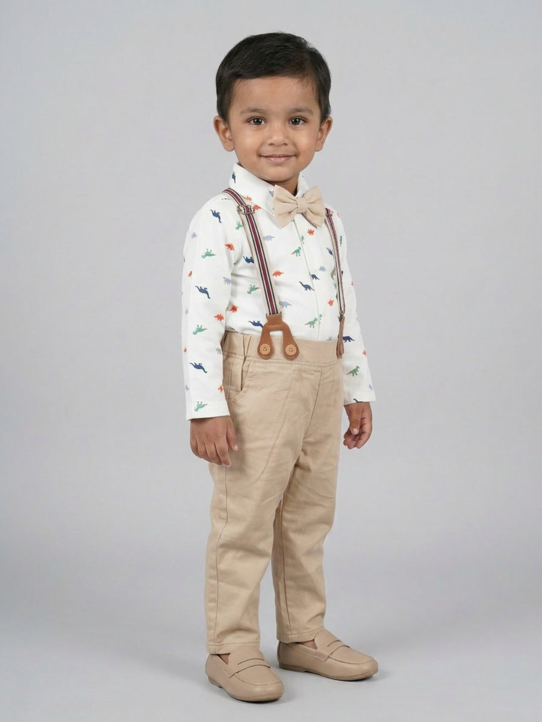 Biglilpeople Infant Boys White Base Printed Shirt with Classic Bow Tie & Beige Pant with Suspenders