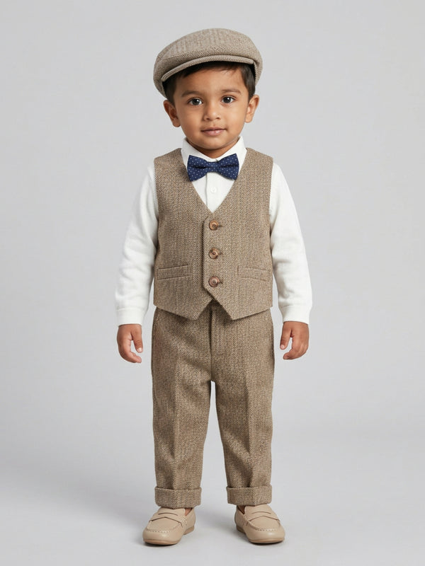 Biglilpeople Boys 4-Piece Khaki Suit Set: Shirt with Waistcoat, Suspenders Pant, Cap & Classic Bow