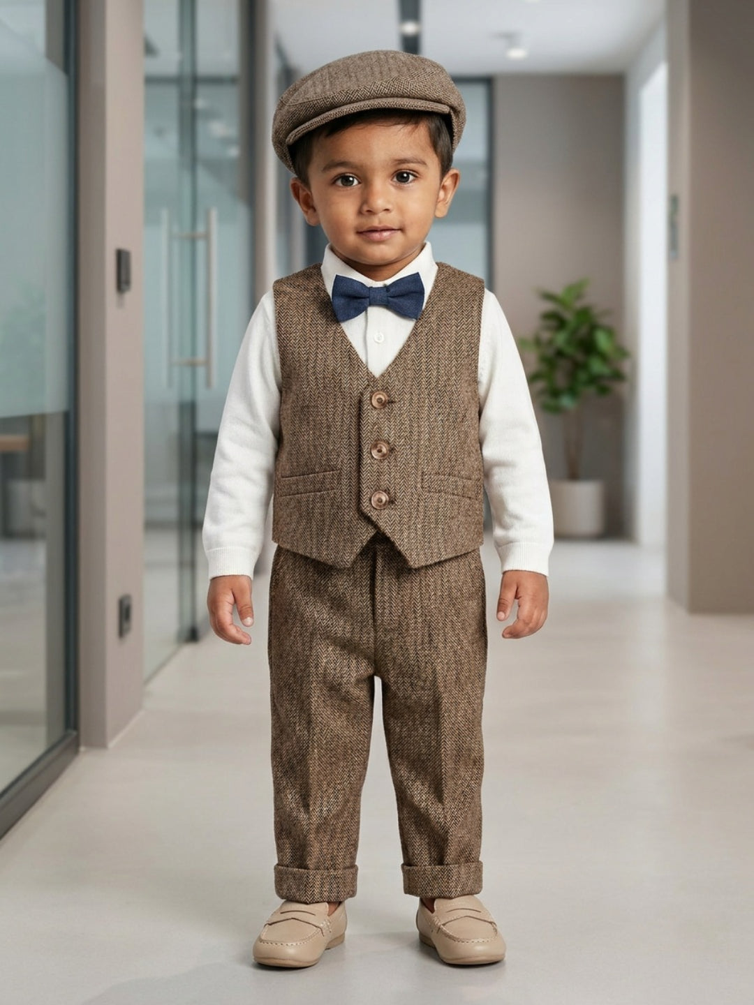 बिगलिलपीपल लड़कों का 4-पीस खाकी सूट सेट: वेस्टकोट वाली कमीज, सस्पेंडर्स पैंट, टोपी और क्लासिक बो