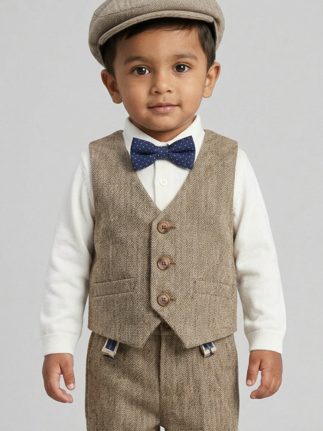 बिगलिलपीपल लड़कों का 4-पीस खाकी सूट सेट: वेस्टकोट वाली कमीज, सस्पेंडर्स पैंट, टोपी और क्लासिक बो