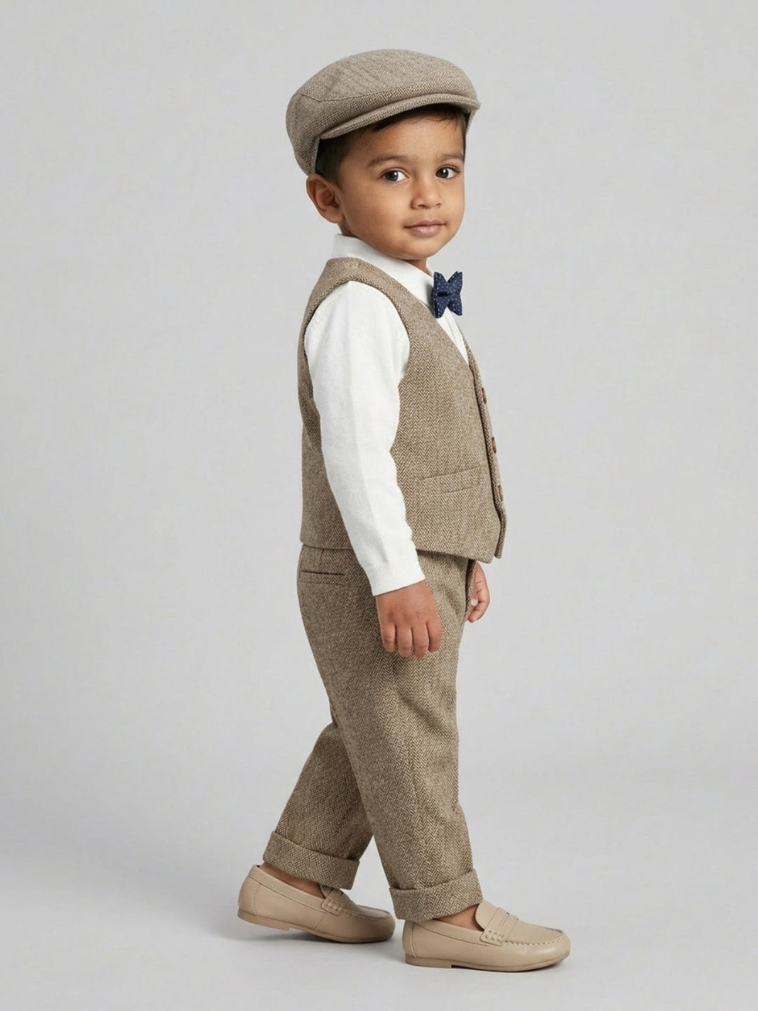 बिगलिलपीपल लड़कों का 4-पीस खाकी सूट सेट: वेस्टकोट वाली कमीज, सस्पेंडर्स पैंट, टोपी और क्लासिक बो