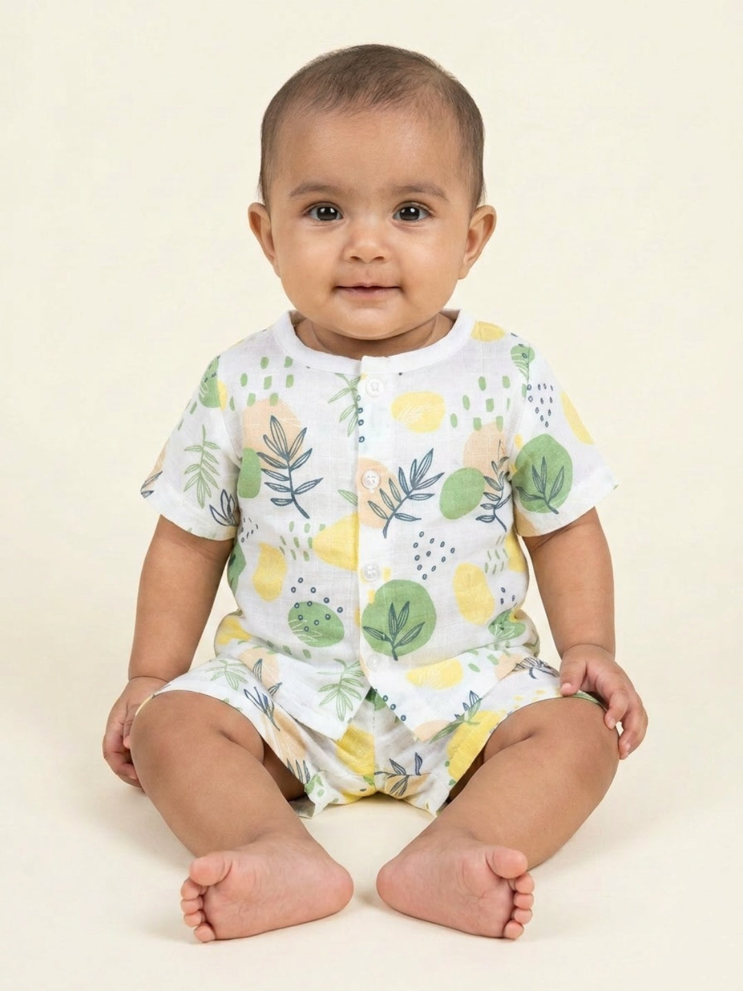 Biglilpeople Unisex Multicolor Fruit & Leaf Print Round Neck Short Sleeves Clothing Set