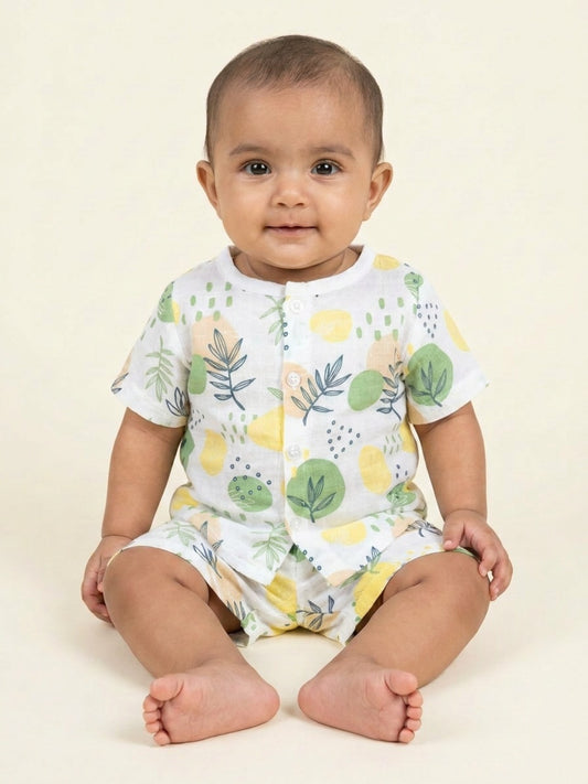 Biglilpeople Unisex Multicolor Fruit & Leaf Print Round Neck Short Sleeves Clothing Set