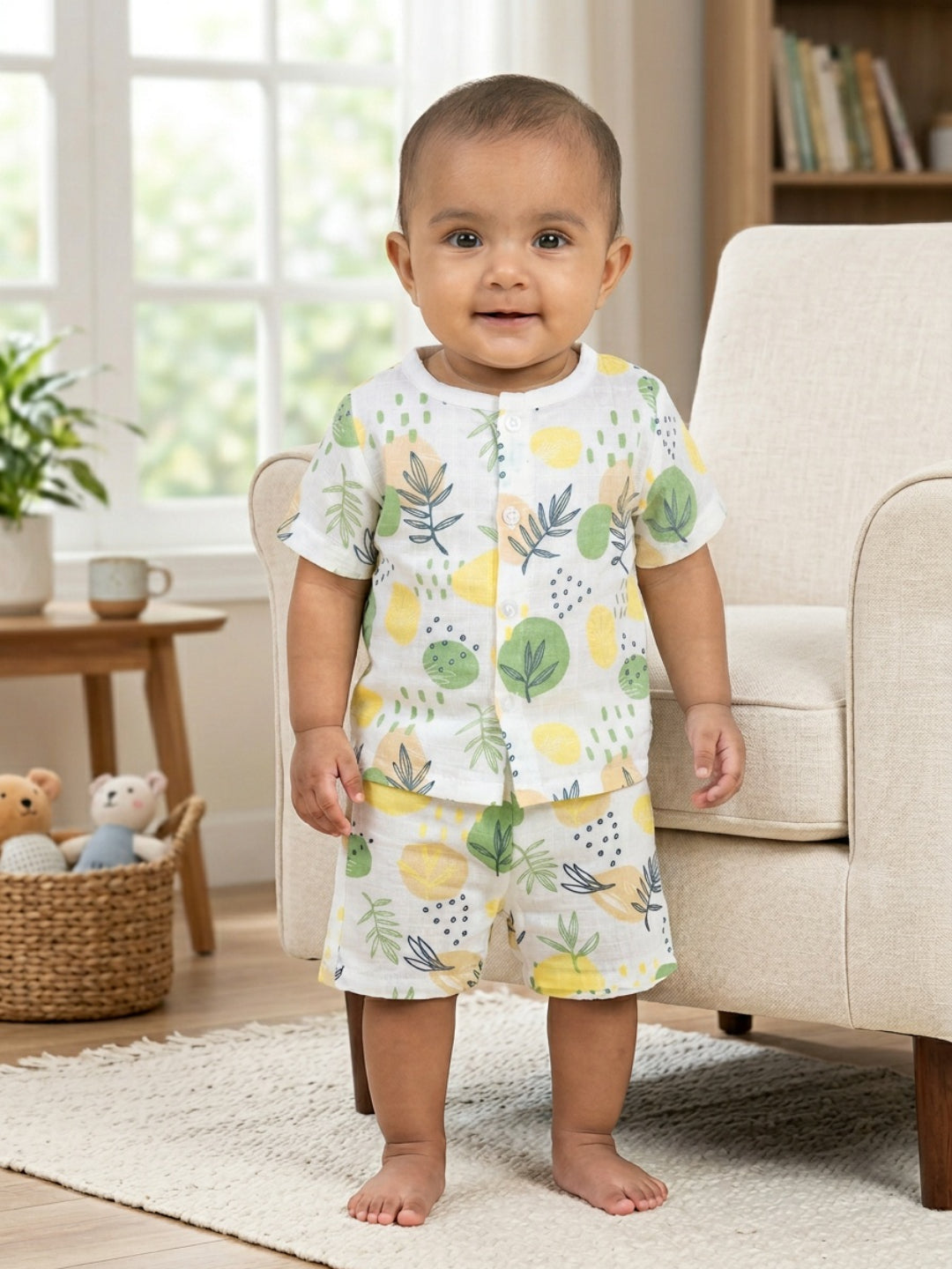 Biglilpeople Unisex Multicolor Fruit & Leaf Print Round Neck Short Sleeves Clothing Set