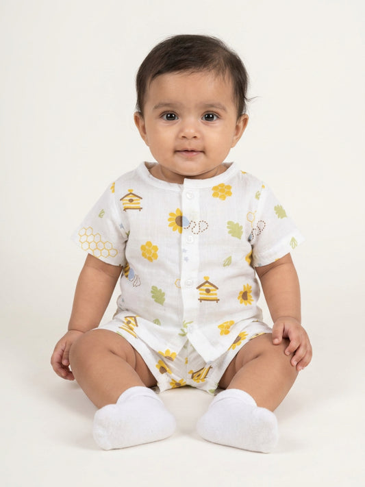 Biglilpeople Unisex Multicolor Floral & Honeybee Round Neck Short Sleeves Clothing Set