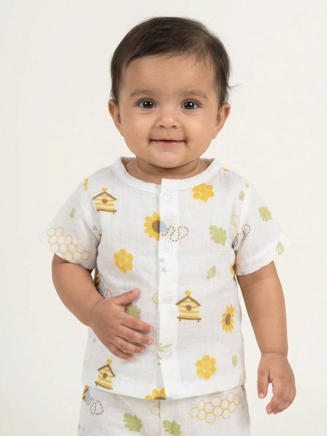 Biglilpeople Unisex Multicolor Floral & Honeybee Round Neck Short Sleeves Clothing Set