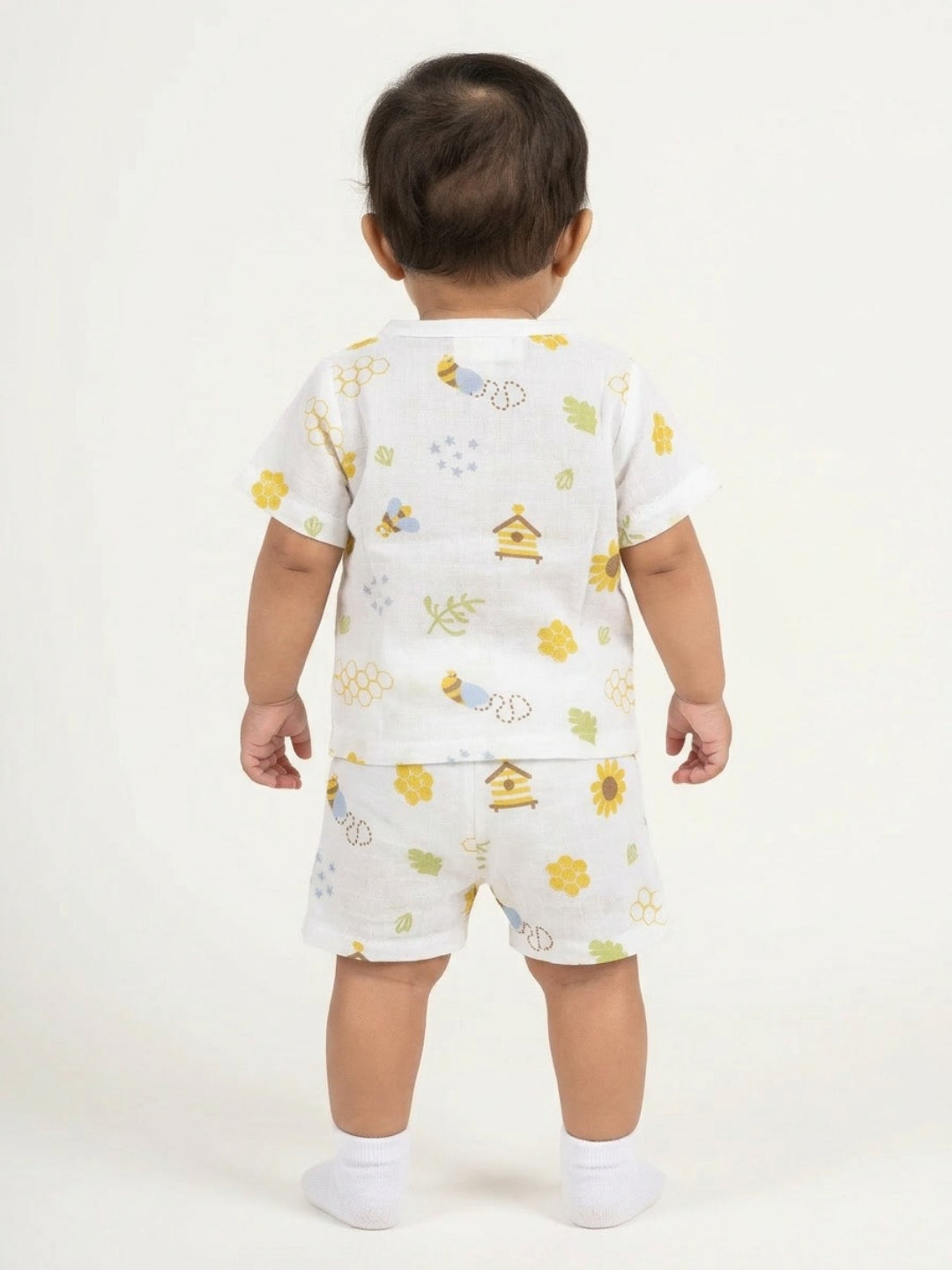 Biglilpeople Unisex Multicolor Floral & Honeybee Round Neck Short Sleeves Clothing Set