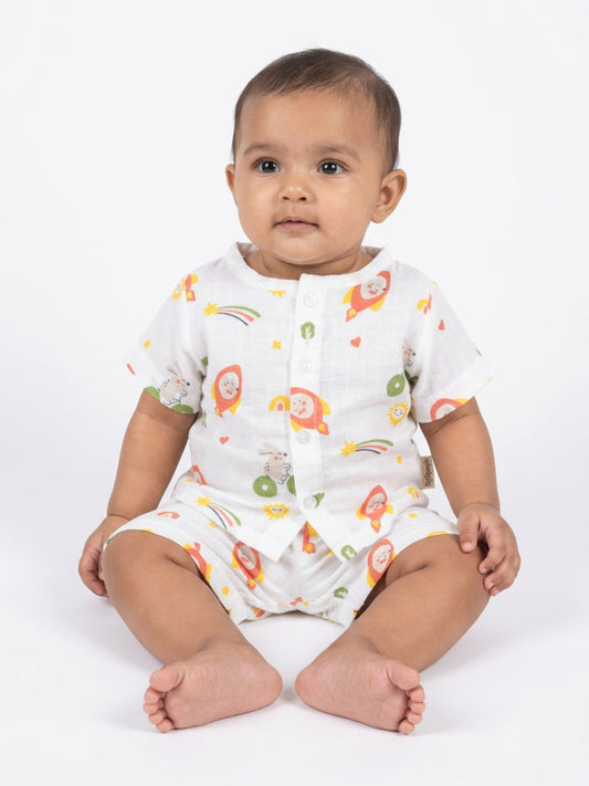 Biglilpeople Unisex Multicolor Rocket Print Round Neck Short Sleeves Clothing Set