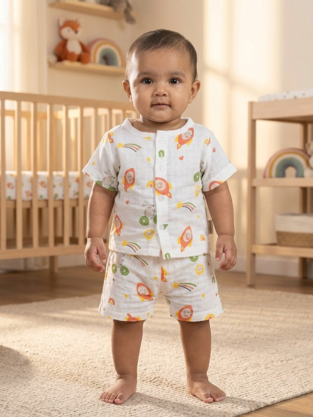 Biglilpeople Unisex Multicolor Rocket Print Round Neck Short Sleeves Clothing Set