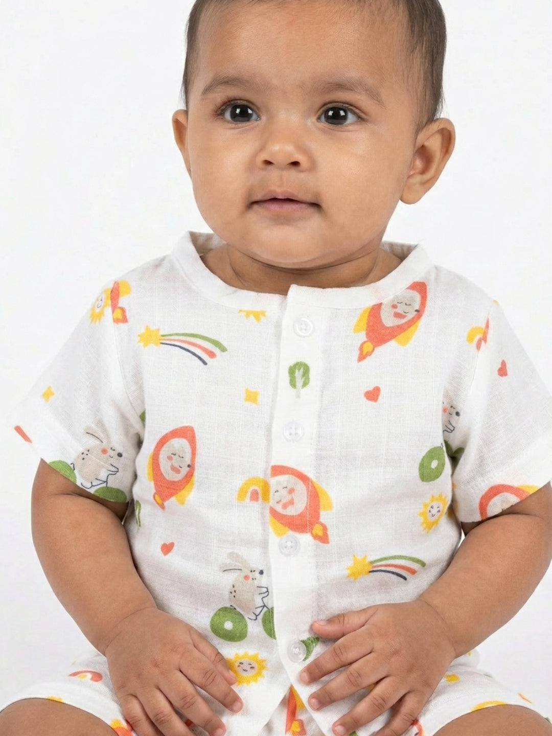 Biglilpeople Unisex Multicolor Rocket Print Round Neck Short Sleeves Clothing Set