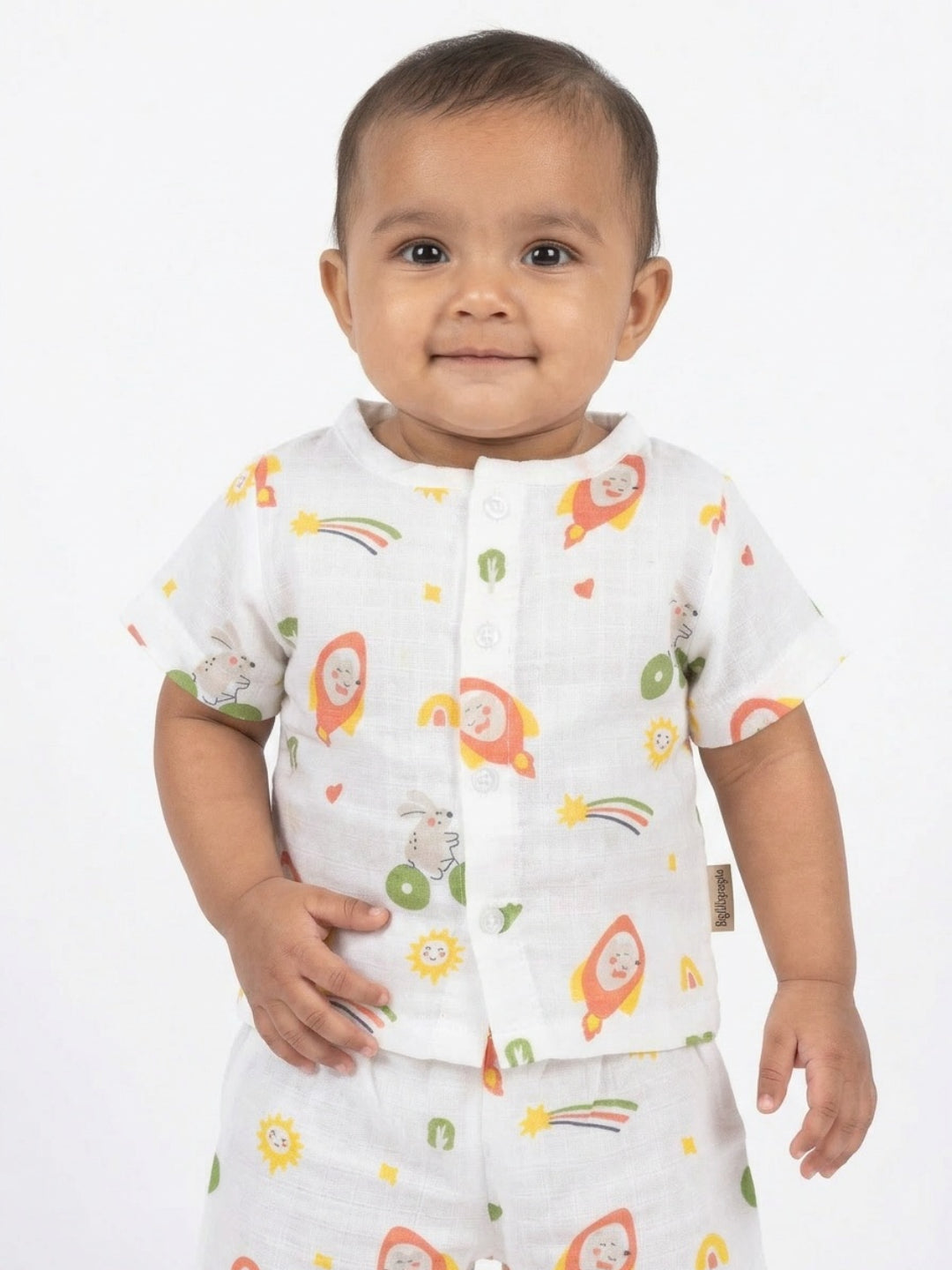 Biglilpeople Unisex Multicolor Rocket Print Round Neck Short Sleeves Clothing Set