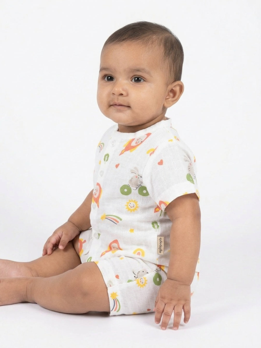 Biglilpeople Unisex Multicolor Rocket Print Round Neck Short Sleeves Clothing Set