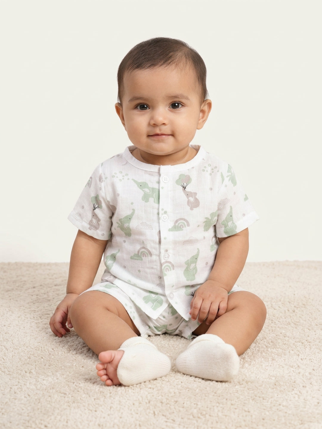 Biglilpeople Unisex Multicolor Elephant & Rainbow Round Neck Short Sleeves Clothing Set