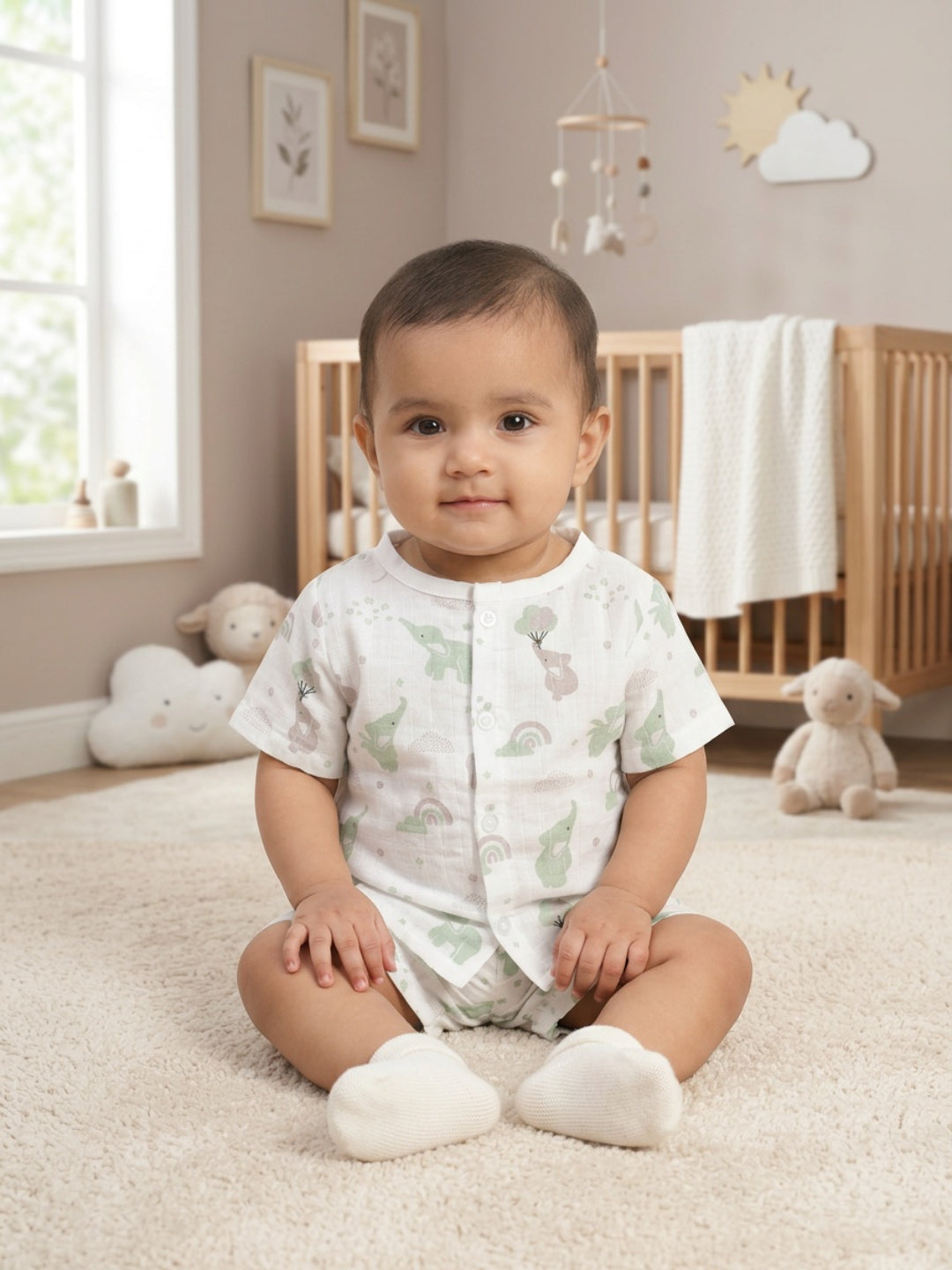 Biglilpeople Unisex Multicolor Elephant & Rainbow Round Neck Short Sleeves Clothing Set