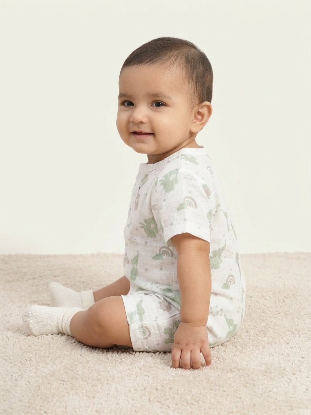 Biglilpeople Unisex Multicolor Elephant & Rainbow Round Neck Short Sleeves Clothing Set