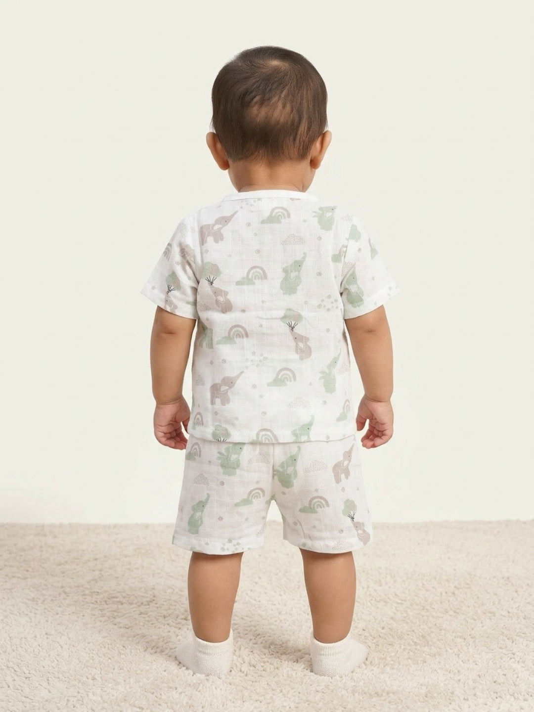 Biglilpeople Unisex Multicolor Elephant & Rainbow Round Neck Short Sleeves Clothing Set