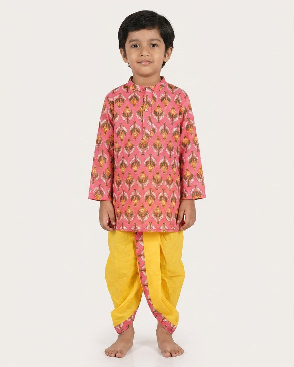 Biglilpeople Boys Pink Printed Cotton Kurta with Yellow Dhoti Set