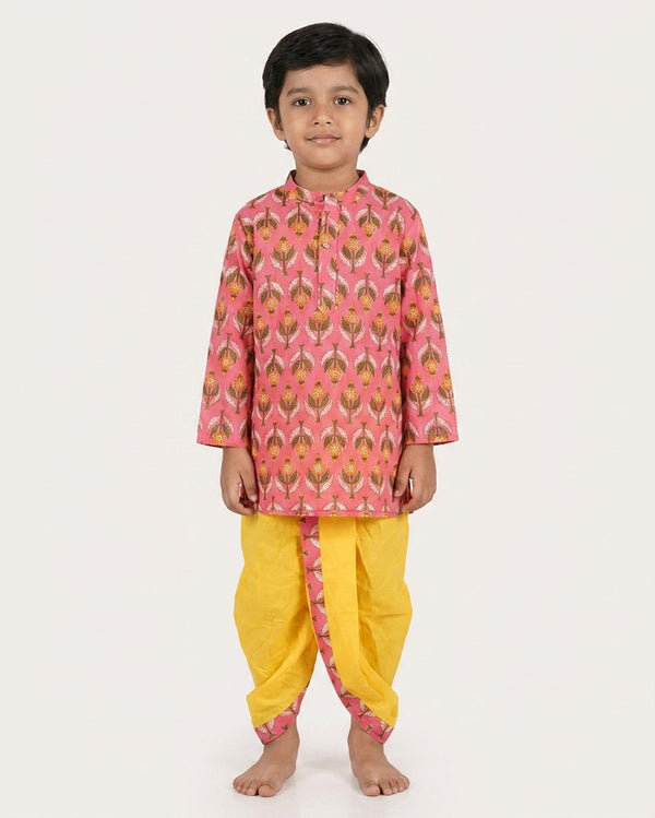 Biglilpeople Boys Pink Printed Cotton Kurta with Yellow Dhoti Set