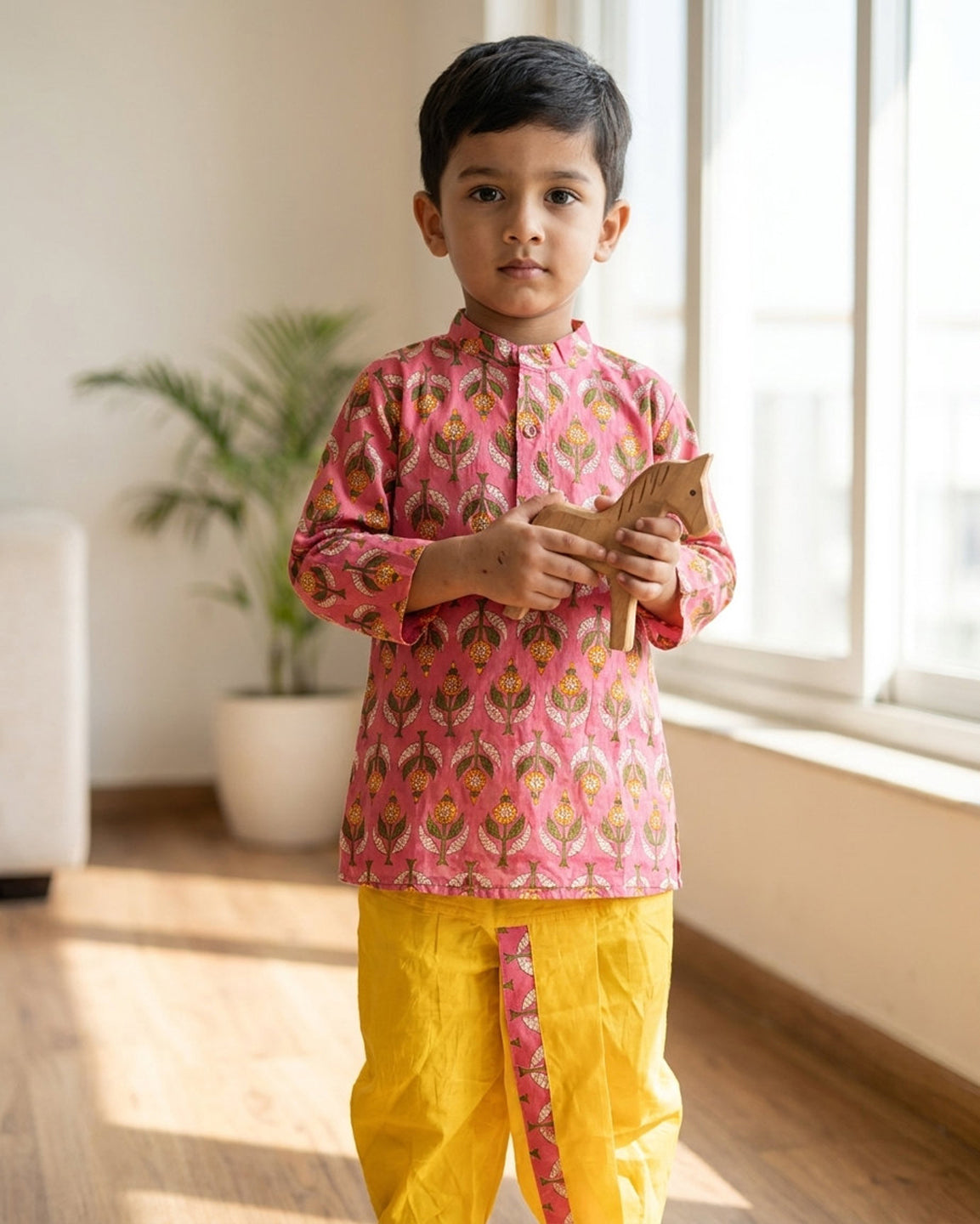 Biglilpeople Boys Pink Printed Cotton Kurta with Yellow Dhoti Set
