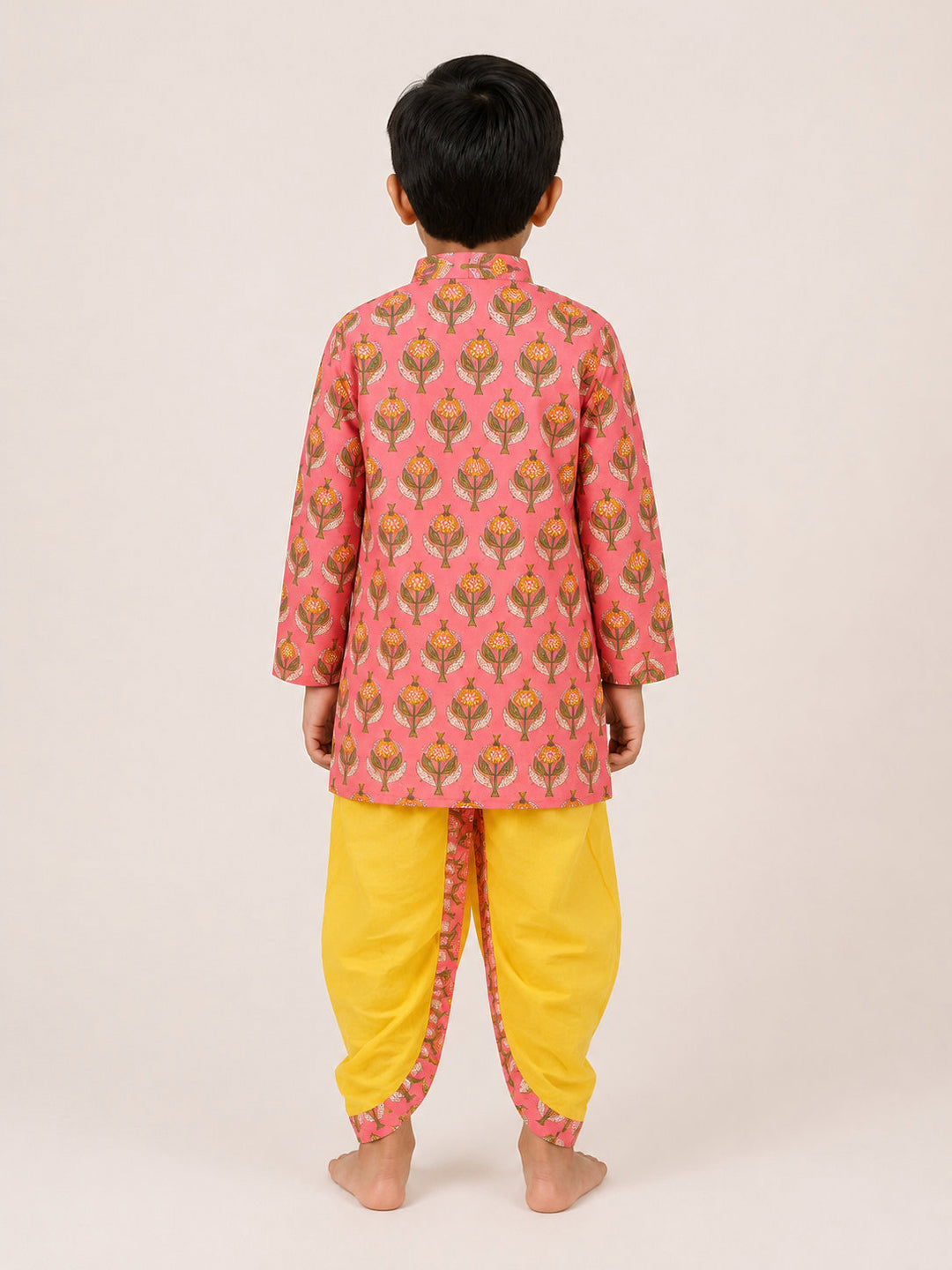 Biglilpeople Boys Pink Printed Cotton Kurta with Yellow Dhoti Set