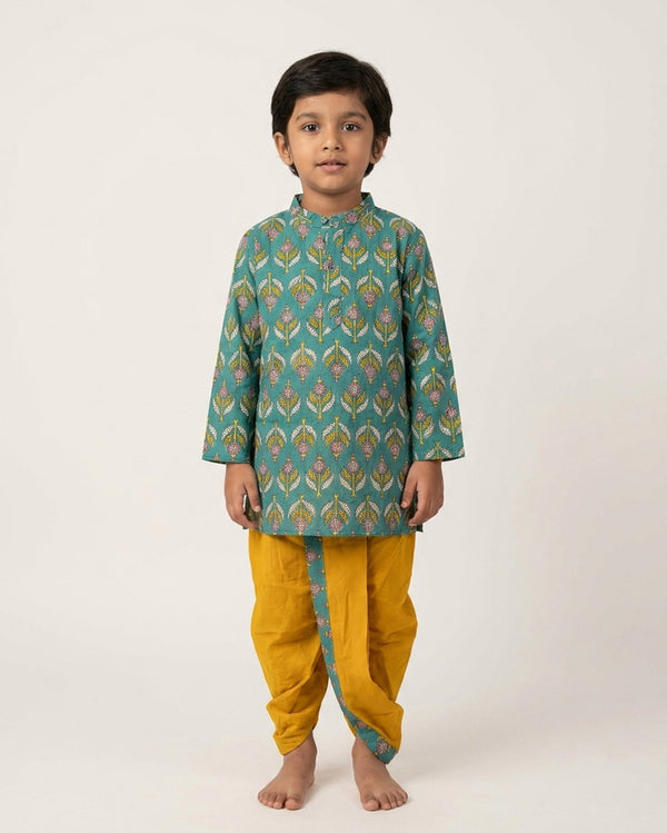 Biglilpeople Boys Teal Green Printed Cotton Kurta with Mustard Yellow Dhoti Set