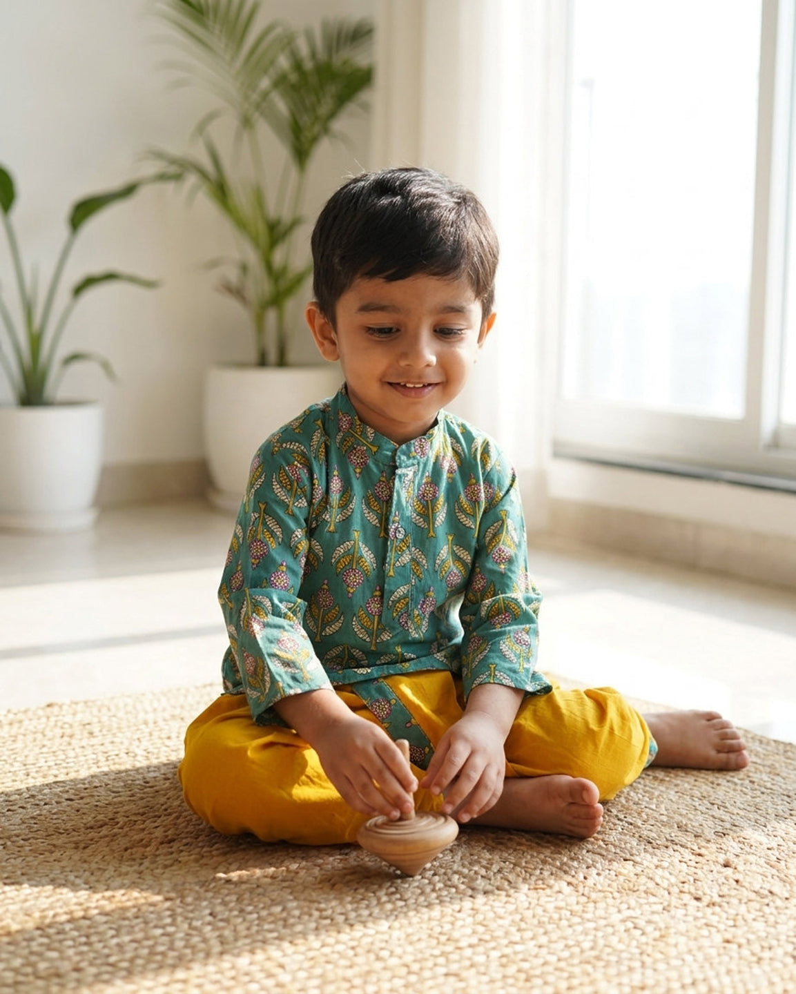 Biglilpeople Boys Teal Green Printed Cotton Kurta with Mustard Yellow Dhoti Set