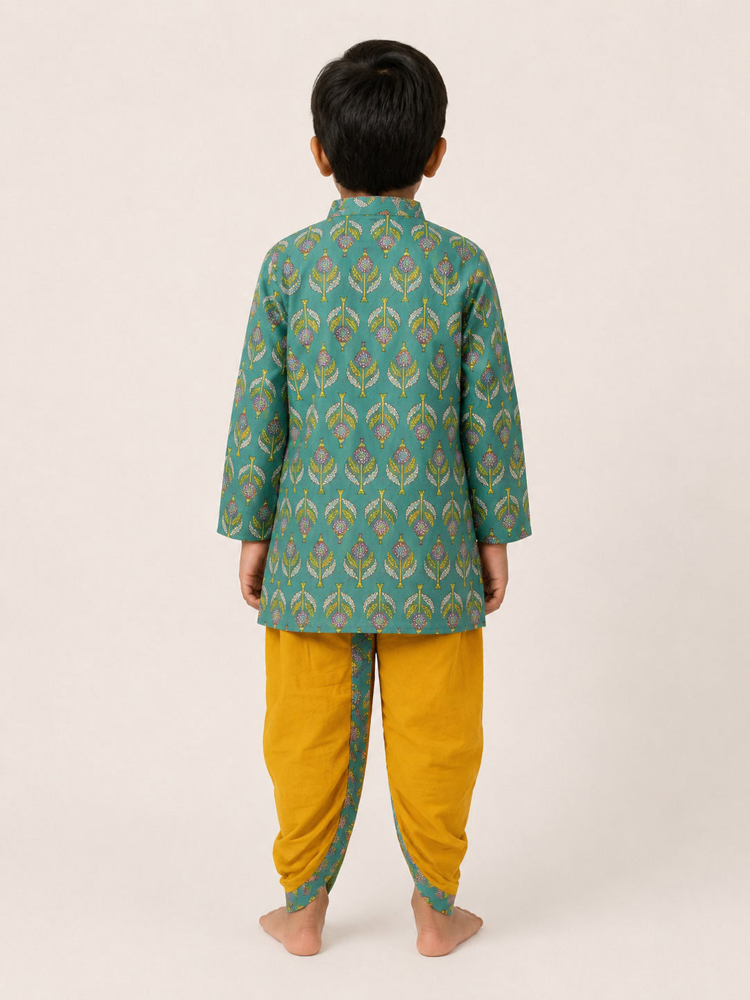 Biglilpeople Boys Teal Green Printed Cotton Kurta with Mustard Yellow Dhoti Set