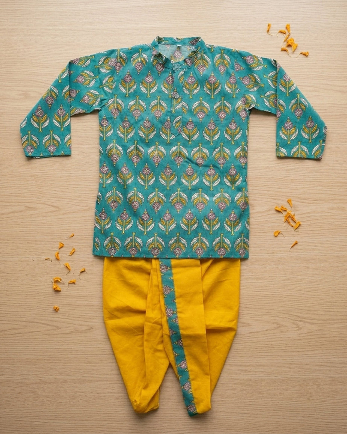 Biglilpeople Boys Teal Green Printed Cotton Kurta with Mustard Yellow Dhoti Set