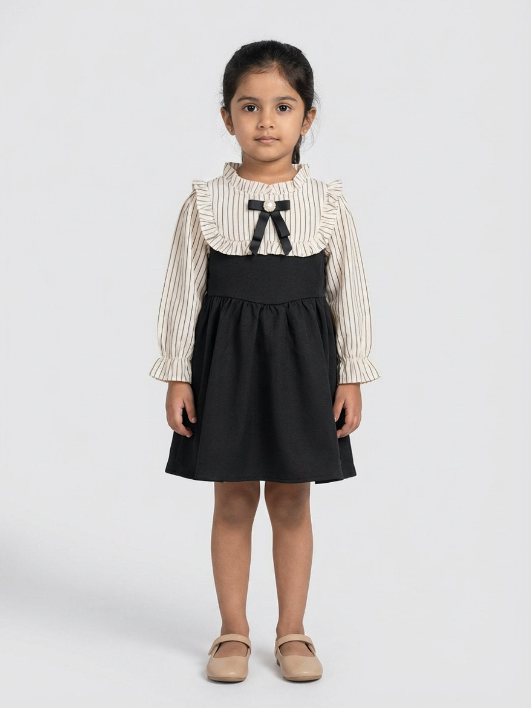 Biglilpeople Girls Beige Ruffled Neck Full Sleeves A-Line Dress