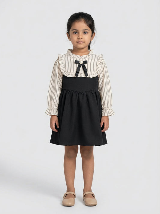 Biglilpeople Girls Beige Ruffled Neck Full Sleeves A-Line Dress