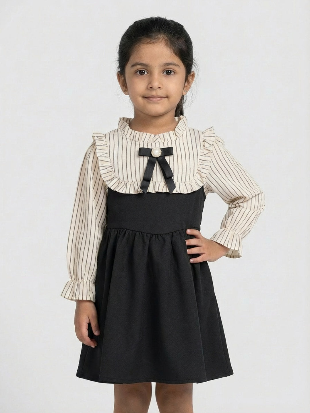 Biglilpeople Girls Beige Ruffled Neck Full Sleeves A-Line Dress