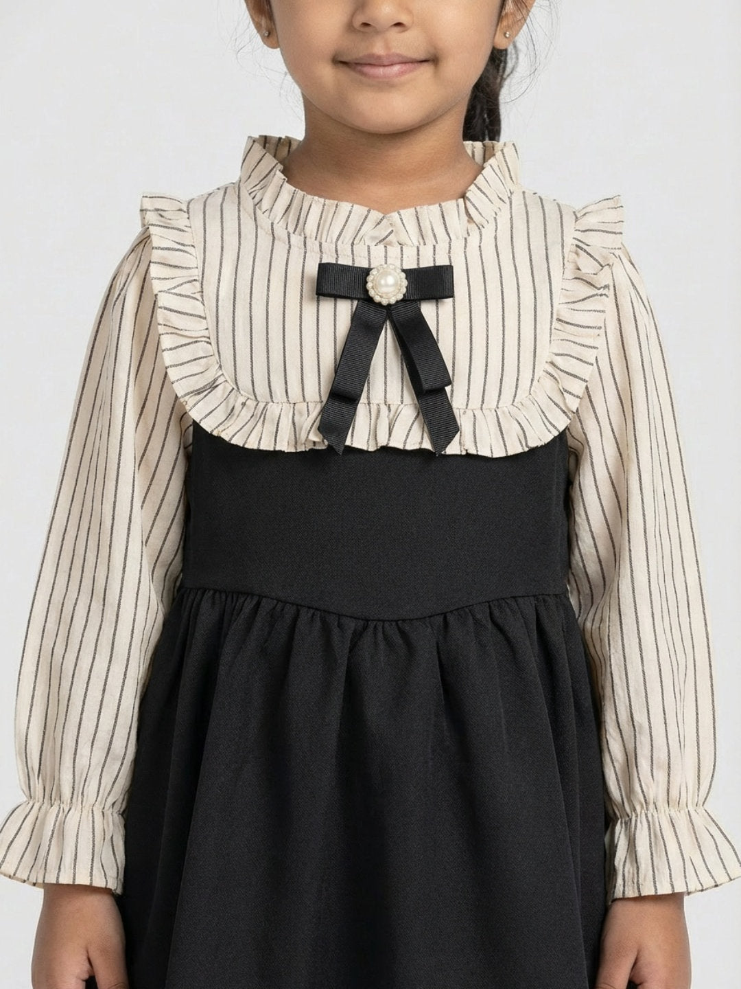 Biglilpeople Girls Beige Ruffled Neck Full Sleeves A-Line Dress