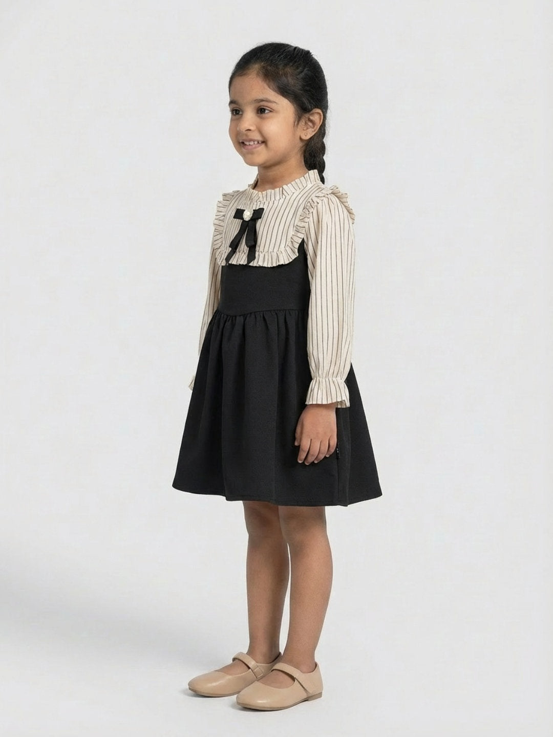 Biglilpeople Girls Beige Ruffled Neck Full Sleeves A-Line Dress