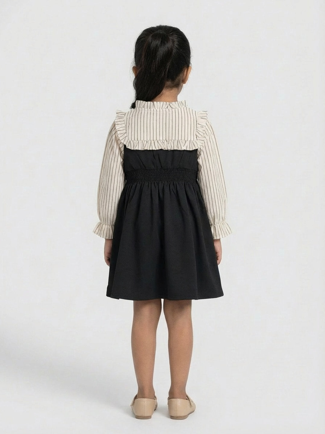 Biglilpeople Girls Beige Ruffled Neck Full Sleeves A-Line Dress