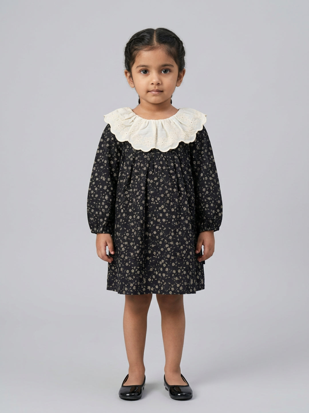 Biglilpeople Girls Black Floral Print Round Neck Long Sleeves A-Line Dress
