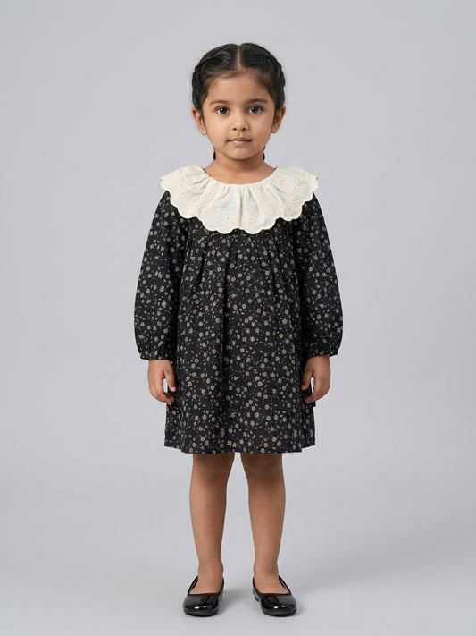 Biglilpeople Girls Black Floral Print Round Neck Long Sleeves A-Line Dress
