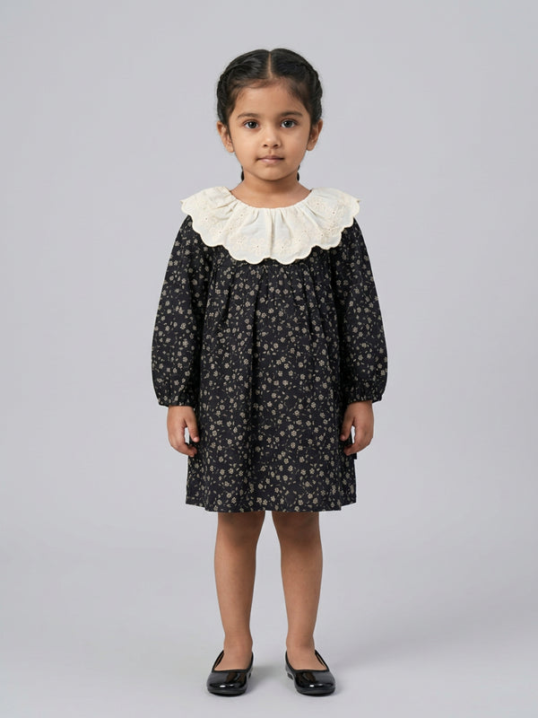 Biglilpeople Girls Black Floral Print Round Neck Long Sleeves A-Line Dress