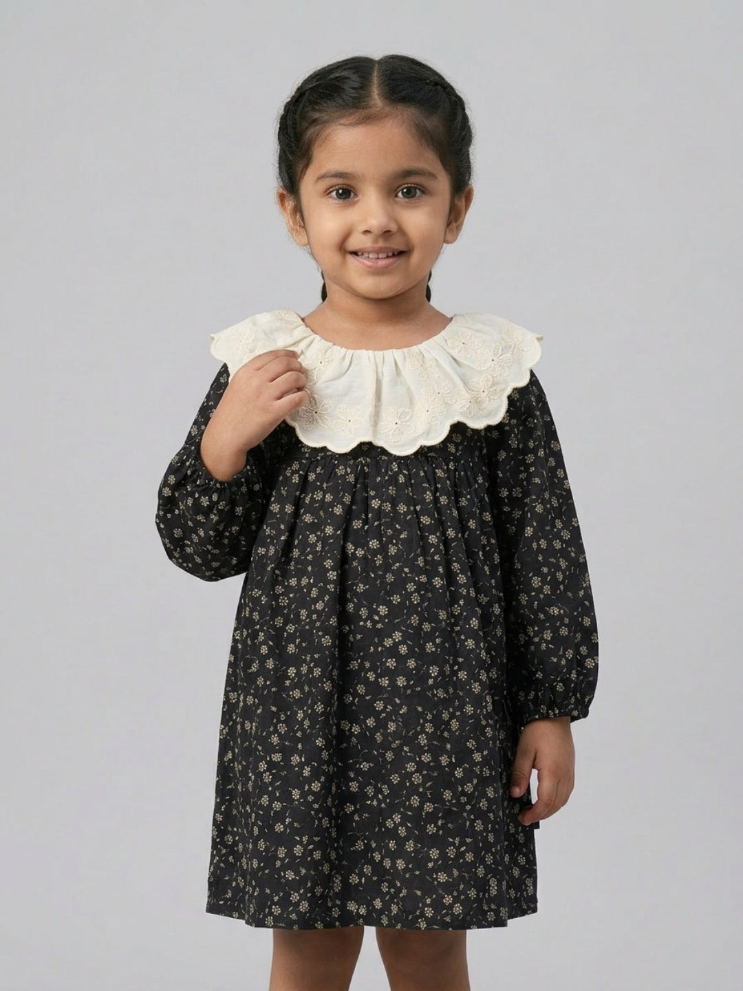 Biglilpeople Girls Black Floral Print Round Neck Long Sleeves A-Line Dress