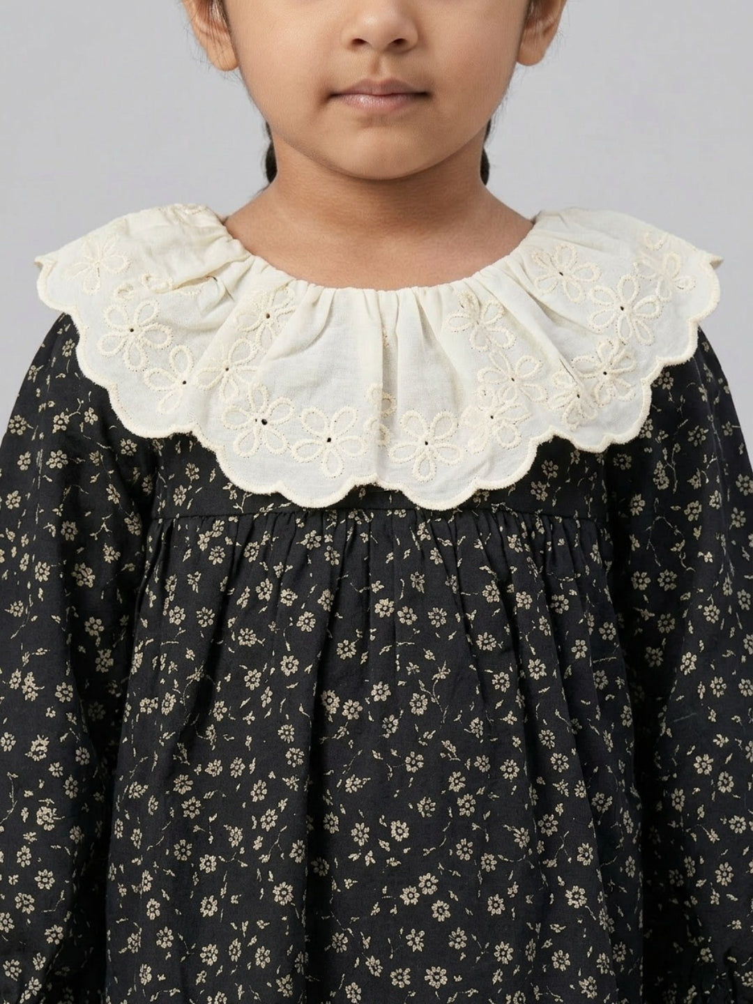 Biglilpeople Girls Black Floral Print Round Neck Long Sleeves A-Line Dress