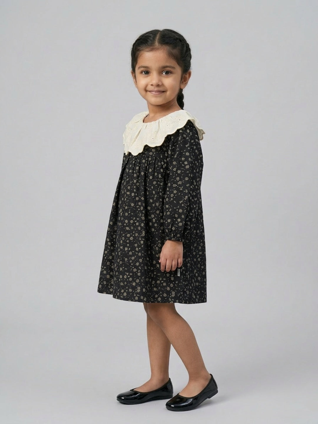 Biglilpeople Girls Black Floral Print Round Neck Long Sleeves A-Line Dress