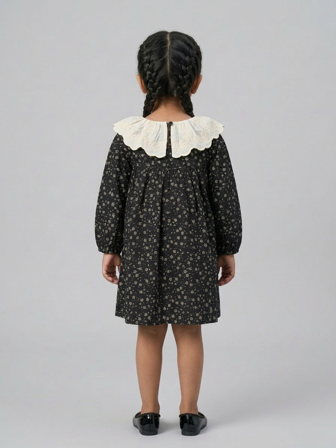 Biglilpeople Girls Black Floral Print Round Neck Long Sleeves A-Line Dress