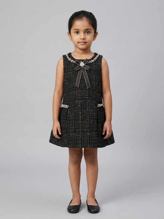 Biglilpeople Girls Black Tweed Bow Detailed Round Neck Sleeveless A-Line Dress