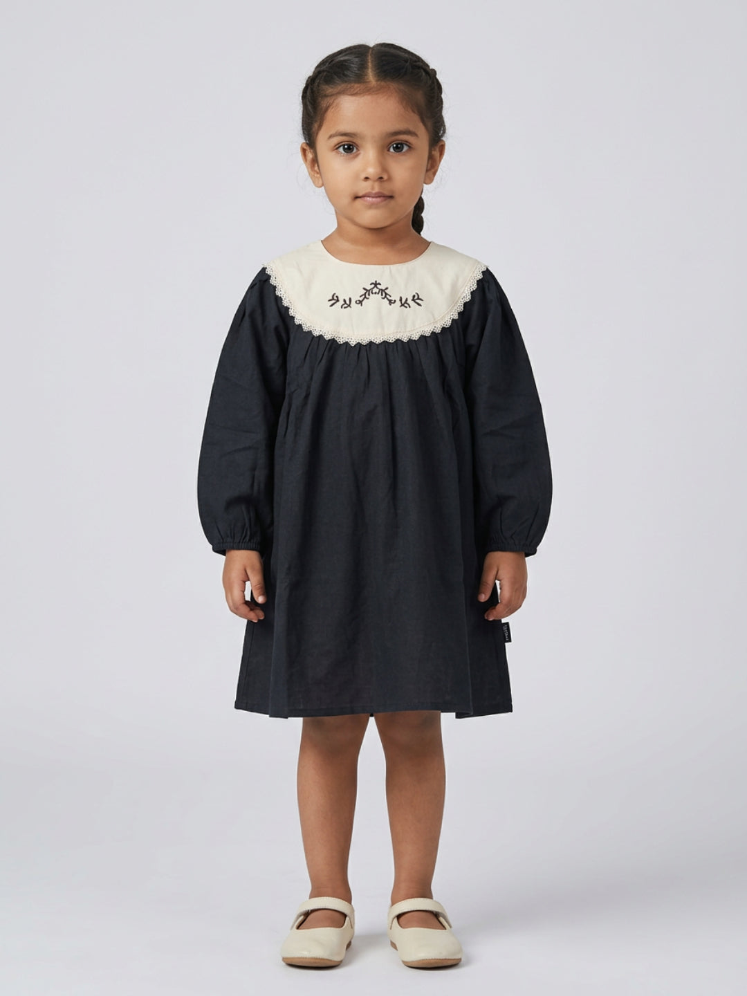 Biglilpeople Girls Black Embroidered Lace Round Neck Long Sleeves A-Line Dress