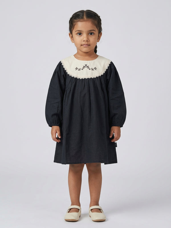 Biglilpeople Girls Black Embroidered Lace Round Neck Long Sleeves A-Line Dress
